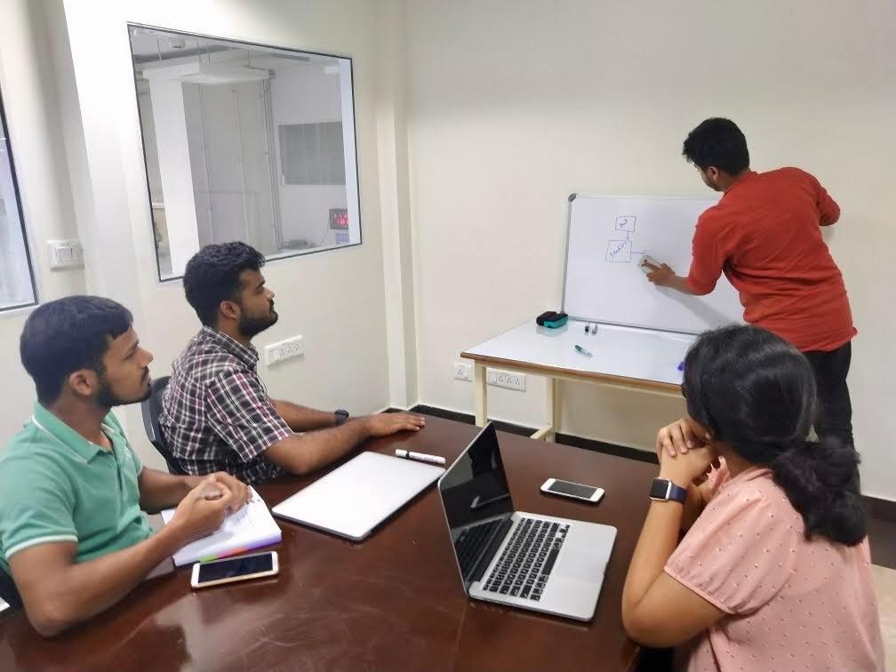 The team whiteboarding early on at Codemonk's first office