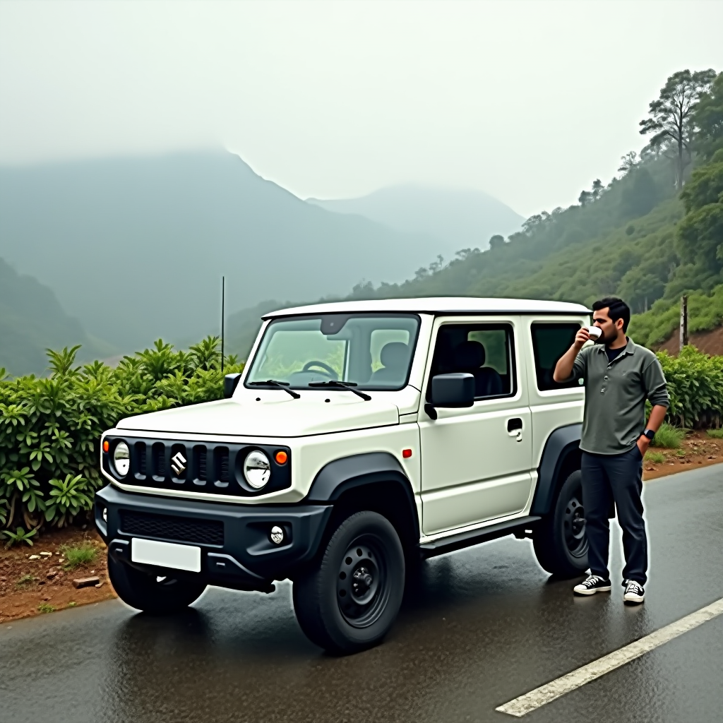 a white colored, 5-door, Suzuki Jimny