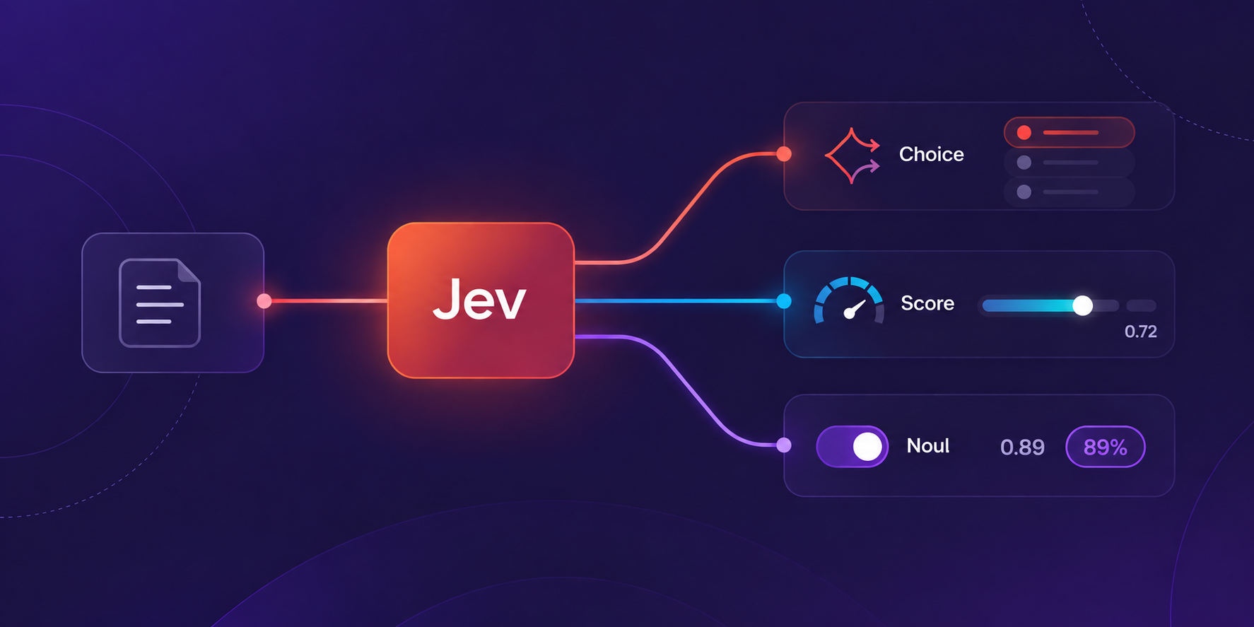 Diagram of Jev taking one input and returning three typed outputs in parallel — Choice, Score, and Noul.